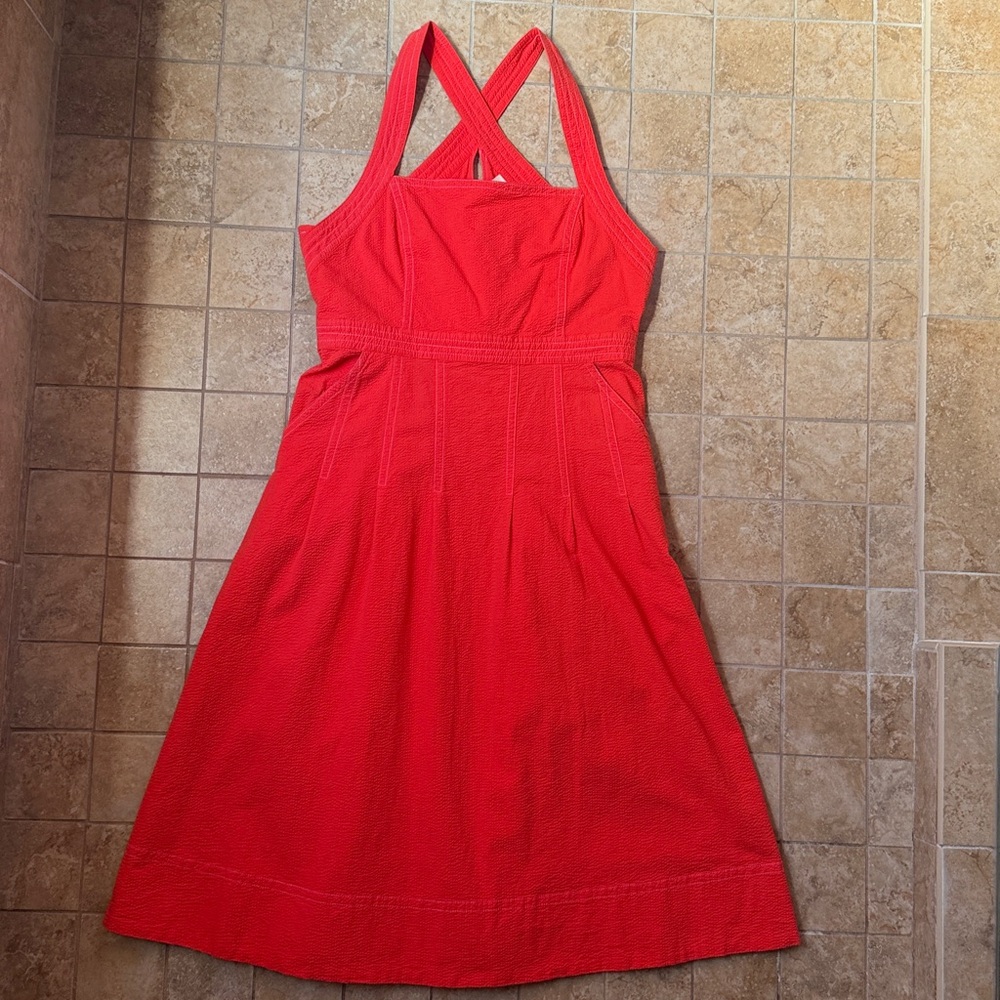 Anthropologie Maeve Alessandra Square Neck Cross-Back Zip Midi Dress Pockets 14 - Picture 2 of 16